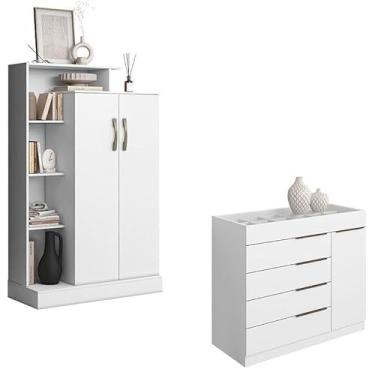 Imagem de Cômoda Sapateira Sevilha 2004147 e Armário Multiuso Florença 2000199 Branco Brilho - Aramóveis