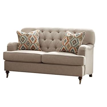 Imagem de Luxuoso clássico botão tufado tecido de linho estofado poltrona sofá sofá móveis com braço curvo inglês e volante dianteiro e moldura de madeira traseira para escritório em casa sala de estar (cinza