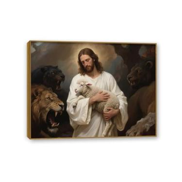 Imagem de Pôster Jesus Rei Leão Impressão Pinturas Religiosas em Tela Leão de Judá Cordeiro de Deus Arte de Parede para Sala de Estar Decoração de Parede de Igreja 80 x 60 cm (32 x 24 polegadas) Moldura dourada
