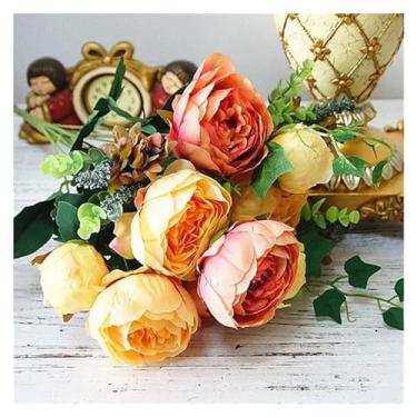 Imagem de Flores falsas, 1 ramo de peônia artificial grande, simulação de peônia, buquê de noiva adequado para casa, hotel, faça você mesmo, decoração de casamento, decoração de flores (laranja)