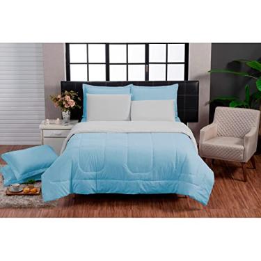 Imagem de Kit Edredom Queen Jogo de Cama 100% Algodão 200 fios (Azul e Branco)
