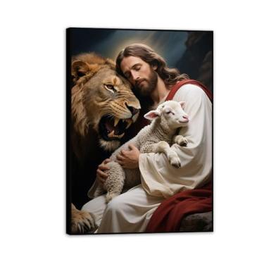 Imagem de Arte de parede cristã Jesus Leão e Cordeiro Imagens Inspiradoras Decoração de Parede Religiosa Impressão em Tela Presentes para Igreja Sala de Estar Escritório Decoração de Casa 85 x 60 cm Moldura