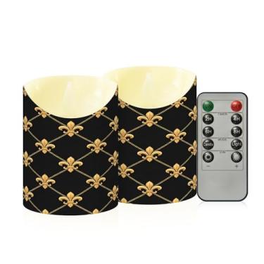 Imagem de Wassud Pacote com 2 velas Mardi Gras Golden Patttern sem chama com controle remoto, velas realistas cintilantes com temporizador, velas decorativas para Natal, casamento, festa, decoração de casa