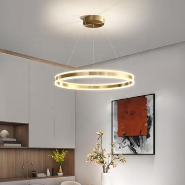 Imagem de Lustre de mesa de jantar redondo moderno com LED, dimerizável e com controle remoto. Luminária de teto ajustável em altura, ideal para sala de jantar, sala de estar e escritório (80 cm de co