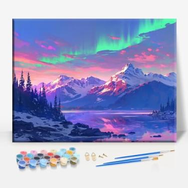 Imagem de NORTHERN LIGHTS ALASKA Tela Emoldurada DIY Kit de Pintura por Números Bar Café Caverna Casa Parede Banheiro Varanda Pátio Decoração Presente, 40,6 x 30,5 cm