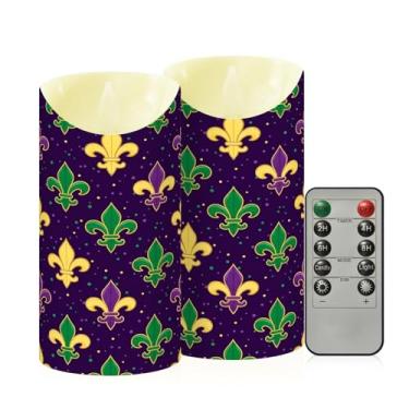 Imagem de Wassud Pacote com 2 velas flor-de-lis Mardi Gras sem chama com controle remoto, velas realistas cintilantes com temporizador, velas decorativas para Natal, casamento, festa, decoração de casa média