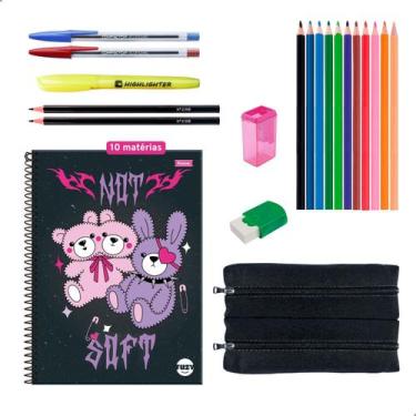 Imagem de Kit Material Escolar Caderno 10 Matérias Estojo Duplo + Itens Feminino