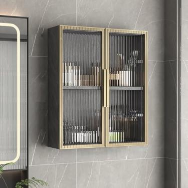 Imagem de Armário de parede de banheiro com portas de vidro - Organizador de armazenamento de vaso sanitário de madeira maciça, armário de remédios, suporte de exibição de madeira para banheiro, quarto e