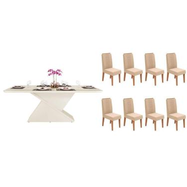 Imagem de Conjunto: Mesa Sala Jantar Zafira c/ Tampo Madeirado c/ Vidro Curvo 200x100cm e 8 Cadeiras Lia Off White - Freijo/Suede Kraft - DJ Móveis