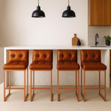 Imagem de Banqueta Cozinha Alta Com Encosto Industrial Kit 4 Dourado Lirina Pu Nozes C05 - D`rossi