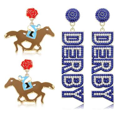 Imagem de 2/4 pares de brincos Kentucky Derby para mulheres, brincos de ferradura, chapéu Derby, terno de equitação, brincos de dia de corrida de cavalos, conjunto de brincos com pingente de Kentucky Derby,