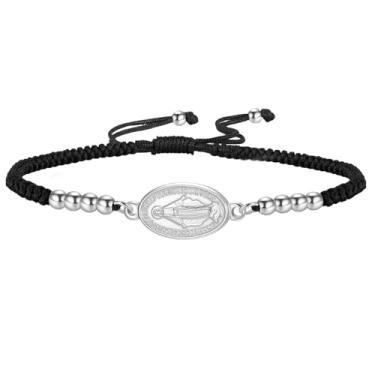 Imagem de Amaxer Pulseira ajustável deslizante dupla face com medalha da Virgem Maria tecida à mão corda colorida joia religiosa católica, Medium, Aço inoxidável, Sem Pedra Preciosa