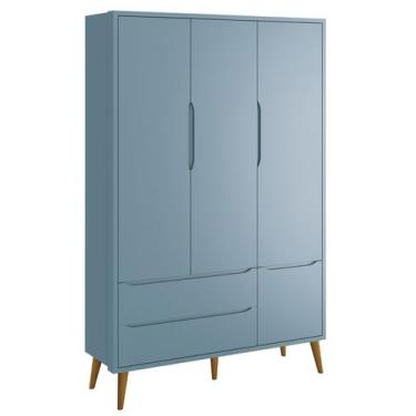 Imagem de Guarda-Roupa Retrô 3 Portas Théo New Azul Fosco com Madeira - MoveisAq