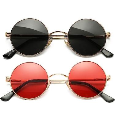 Imagem de AIEYEZO Óculos de sol redondos retrô para homens e mulheres óculos de sol polarizados modernos vintage pequenos óculos de sol redondos, Pacote com 2 (ouro/cinza + ouro/vermelho-oceano), MM
