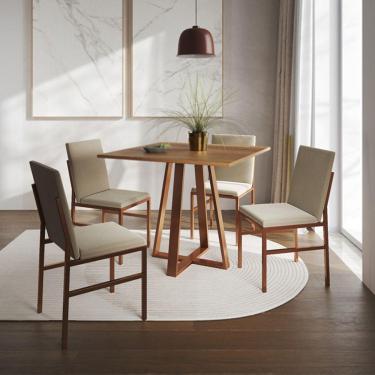 Imagem de Conjunto De Jantar Mesa Mônaco 90cm Tampo Imbuia Com 4 Cadeiras Bege Base Cobre Preto