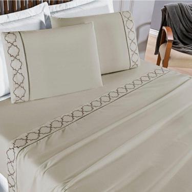 Imagem de Jogo De Lençol Queen 300 Fios Bordado Infinity 4 Peças - Cáqui