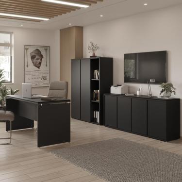 Imagem de Conjunto De Escritório Office 3 Peças Mesa Balcão Armário Tu - Preto Preto