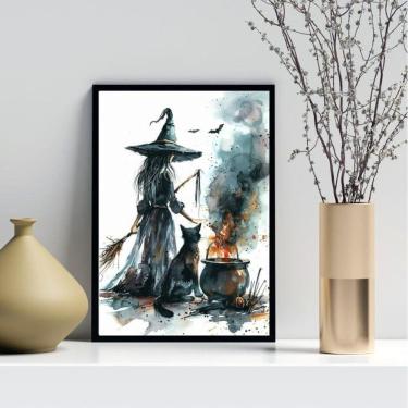 Imagem de Quadro Decorativo Aquarela Bruxa 33X24Cm - Com Vidro