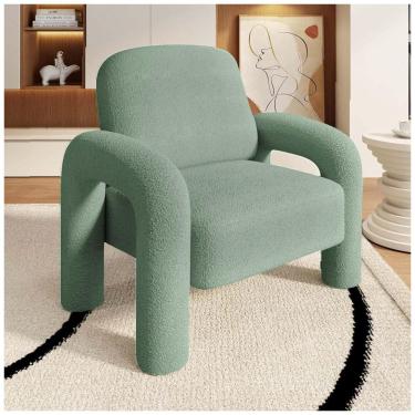 Imagem de Poltrona Dewhut em tecido sherpa verde, cadeira decorativa estofada com braços curvos tipo tromba de elefante