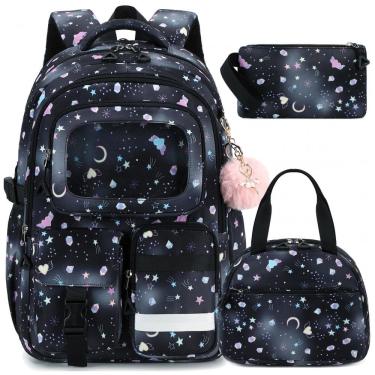 Imagem de Mochila escolar AO ALI VICTORY preta 3 em 1 com lancheira e estojo para notebook até 16"