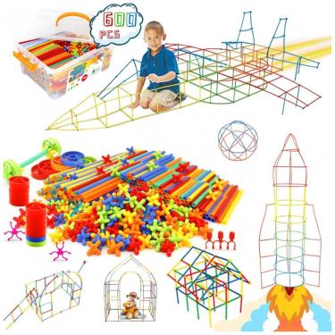 Imagem de Brinquedo de construção STEM com canudos Ggiibro 600 peças tubos plásticos interligáveis