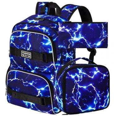 Imagem de Mochila AGSDON 3 em 1 azul com estampa de raios, para notebook 17", com lancheira e estojo