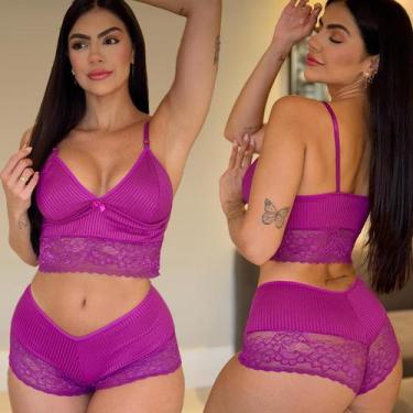 Imagem de Conjunto Canelado Sem Bojo Shortinho Curto Renda Sensual - Like4you, M