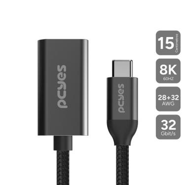 Imagem de Cabo Usb Tipo-C para Hdmi Fêmea Pucm-15p 8k 60hz 4k 144hz Hdr 32gbit-s 15cm Nylon Preto Pcyes