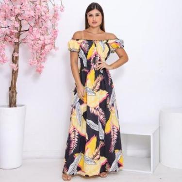 Imagem de Vestido Feminino Longo Ombro a Ombro Manga Curta Estampado Florido Silhueta Slim Premium-Feminino