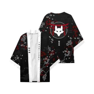 Imagem de Kimono Yukata Haori Com Estampa Floral Vermelha De Raposa Japonesa Par