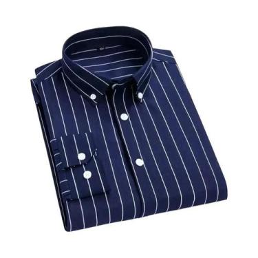Imagem de Camisa Masculina Slim Fit Azul Marinho Listrada De Manga Longa Sem Ama