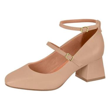 Imagem de Sapato Vizzano 1423.102 Feminino Salto Bloco Duas Fivelas, 38, Bege