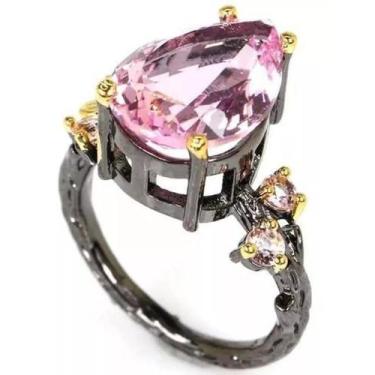 Imagem de Anel Feminino De Prata Pedra Rosa Kunzita Ródio Negro Natural Grande -