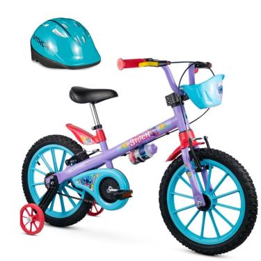 Imagem de Bicicleta Infantil com Rodinha aro 16 Stitch Menina Nathor Com Capacete