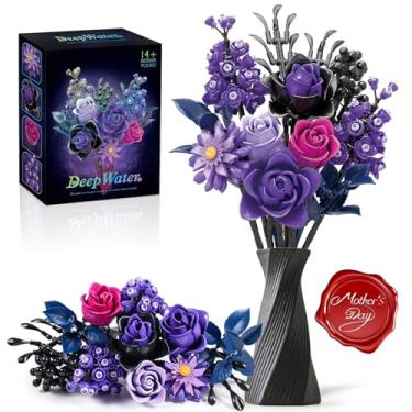 Imagem de Conjunto de blocos de montar rosas roxas (822 peças) - compatível com Lego Flowers - Coleção botânica gótica com 12 artificiais, compatível com Lego para decoração de casa de adultos