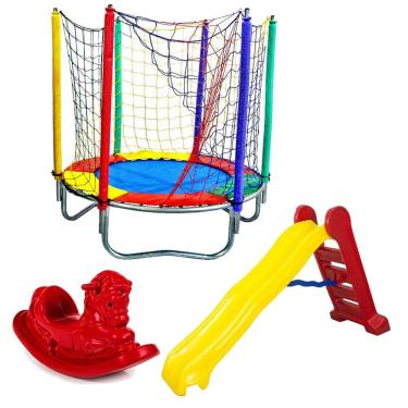 Imagem de Cama Elástica Pula Pula Trampolim  Colorida 1,40m + Escorregador Grande + Gangorra 1 lugar 