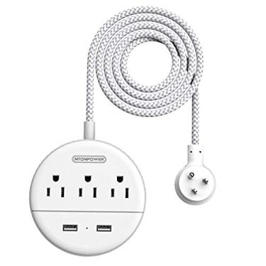 Imagem de NTONPOWER Plugue plano trançado de tira de energia com USB, estação de carregamento compacta para mesa com 3 saídas 2 portas USB, montagem na parede tamanho pequeno para dormitório mesa de cabeceira em casa escritório, branco