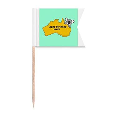 Imagem de Texto de dialeto australiano Happy Birthday bandeiras de palito de dente marcando etiquetas para bolo de festa comida prato de queijo