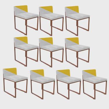 Imagem de Kit 10 Cadeira Office Lee Duo Sala de Jantar Industrial Ferro Bronze Sintético Branco e Amarelo - Ahazzo Móveis