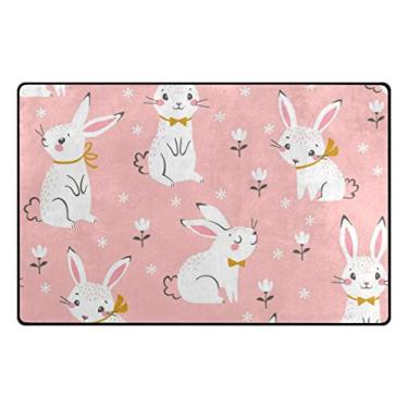 Imagem de ColourLife Tapetes leves e macios, lindos coelhos brancos no chão rosa para crianças, sala de jogos, piso de madeira, sala de estar, 152,4 x 99 cm (1,5 x 1,6 cm) Tapetes de berçário