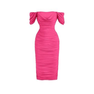 Imagem de Camisa Feminina Off Shoulder Ruched Mesh Bodycon Dress (Color : Hot Pink, Size : CH)