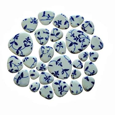 Imagem de Azulejos de cerâmica de 450 g para projetos de artesanato em mosaico, azul e branco, ovais, de porcelana e tamanhos variados, para artesanato, placas, bancos, vaso de flores, decoração de casa