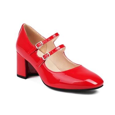 Imagem de BesoAbrazo Sapatos Mary Jane de salto grosso médio couro envernizado ajustável fivela dupla alça para mulheres, Vermelho, 9.5