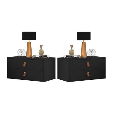 Imagem de Casa Detalhe, Kit 2 mesa lateral de Cabeceira criado Unic 60cm preto Suspenso 2 Gavetas corrediça telescopica