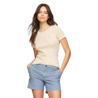Imagem de Tommy Hilfiger Camiseta feminina de algodão de desempenho – Camisetas estampadas leves, Bege mesclado., GG