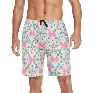 Imagem de CHIFIGNO Calças de pijama para homens, shorts lounge, pijama com bolsos e cordão, Laço rosa com flores azul-petróleo, GG
