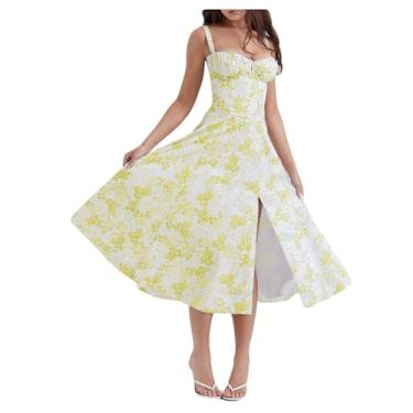 Imagem de Bestgift Vestido frente única feminino longo curto floral, Branco amarelo-A, G