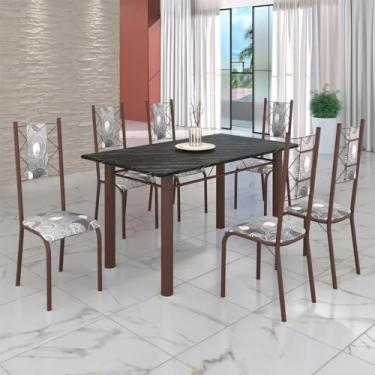 Imagem de Conjunto Sala de Jantar Bahia Mesa Tubo 140x75cm Tampo Pedra Ardósia Indiana com 6 Cadeiras Paraopeba/Marrom