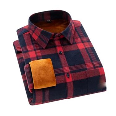 Imagem de Camisa masculina xadrez de flanela masculina casual outono inverno primavera lã grossa algodão manga longa, Vermelho, GG