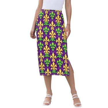 Imagem de CHIFIGNO Saia feminina comprimento midi elegante saia midi para mulheres para coquetéis de casamento, Mardi Gras Colorful Lily-1, P